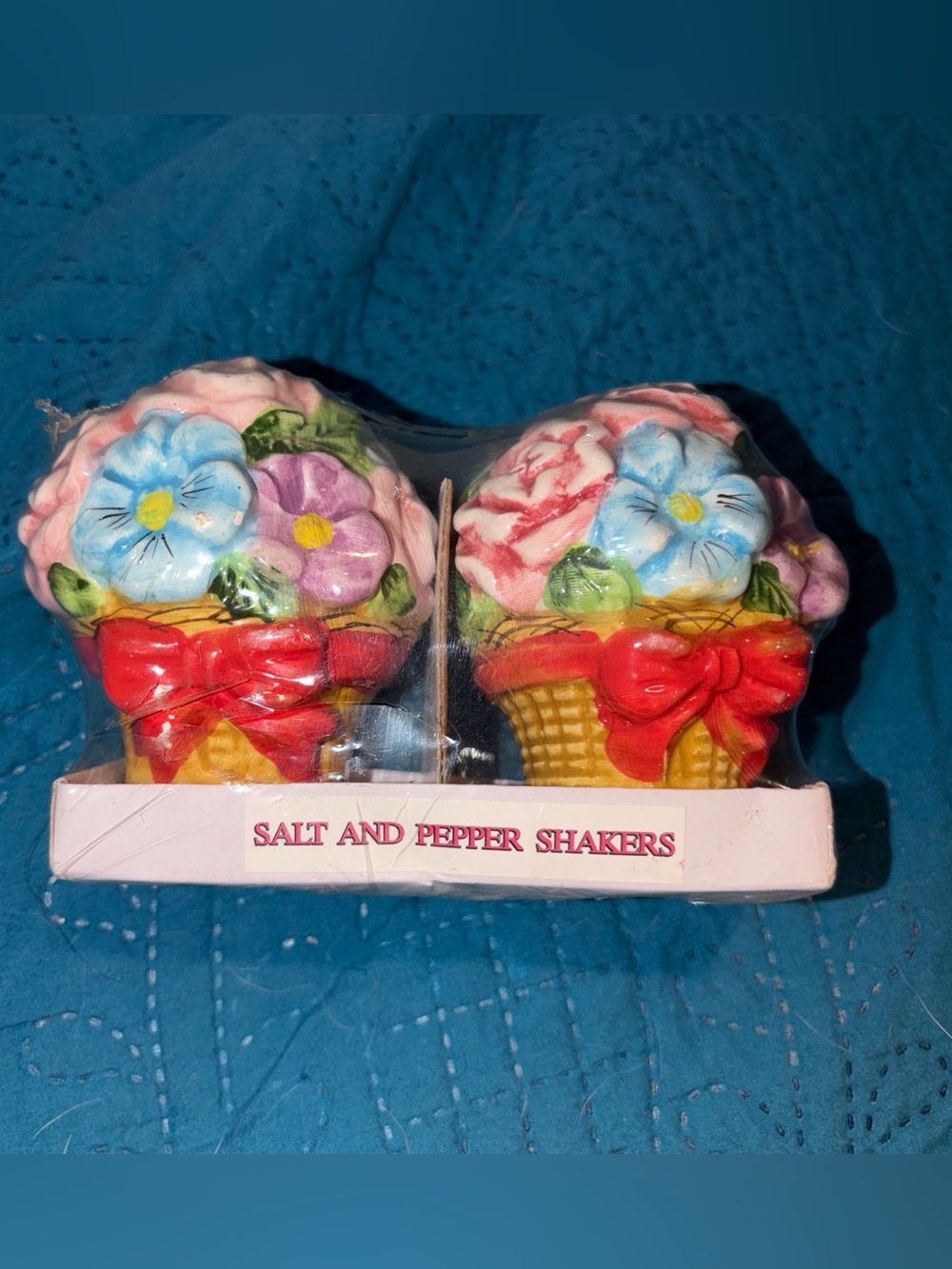 Floral Basket Ceramic Salt & Pepper Shaker Set - Pink, Blue & Red